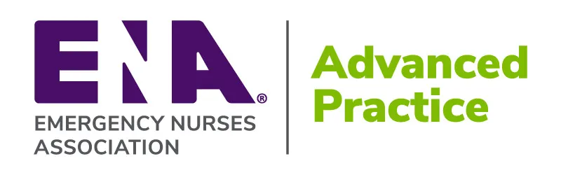 Logo for the Emergency Nurses Association Advanced Practice program, featuring the ENA logo in purple on the left and 'Advanced Practice' in bold green text on the right.