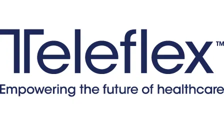Teleflex logo with the tagline 'Empowering the future of healthcare' in navy blue text on a white background.