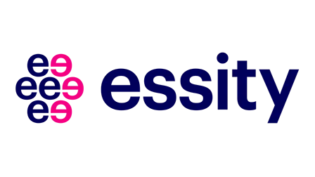 ssity logo with a pink and blue abstract interlocking design to the left of the word 'Essity' in bold dark blue letters.