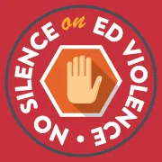 Logo featuring a red background with a stop sign shape containing a hand symbol in the center, surrounded by the text 'No Silence on ED Violence,' emphasizing a campaign against violence in emergency departments.