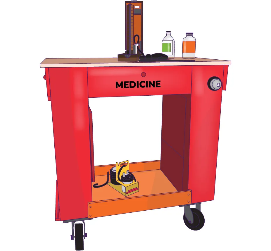 Illustration of a vintage red medical crash cart labeled 'MEDICINE' and has a wooden top surface holding medical supplies, including bottles and a blood pressure monitor. 