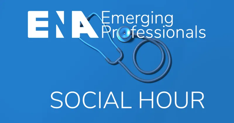 Graphic for ENA Emerging Professionals Social Hour featuring a blue stethoscope on a solid blue background with white text.