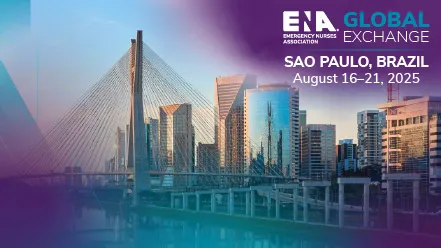 Promotional graphic for the ENA Global Exchange event in São Paulo, Brazil, taking place August 16-21, 2025, featuring a cityscape with the Octávio Frias de Oliveira Bridge and modern high-rise buildings.