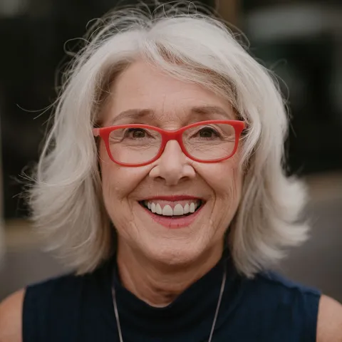 Professional headshot of a smiling woman with shoulder-length white hair, wearing red-framed glasses and a navy blue sleeveless top, set against a blurred outdoor background.