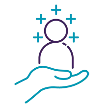 Icon featuring a stylized person with arms raised, depicted in purple against a teal background, symbolizing benefits or support.